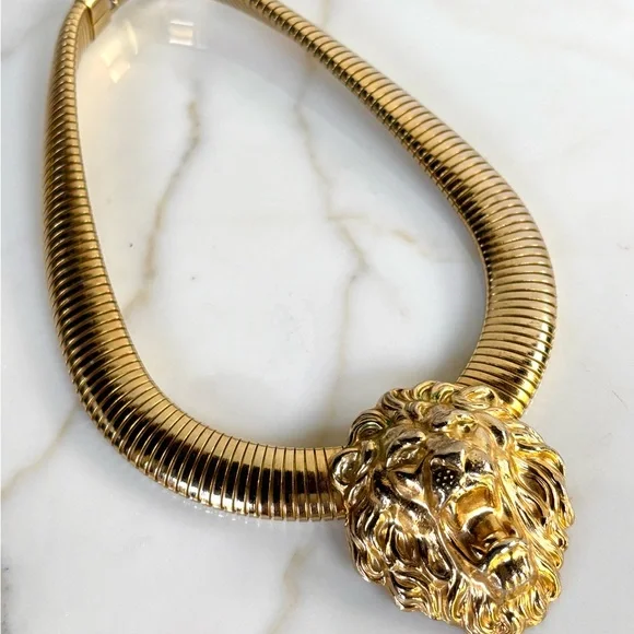 VINTAGE 1980s MASSIVE GOLDEN LION HEAD TUBOGAS OMEGA STATEMENT CHUNKY NECKLACE - Picture 1 of 9